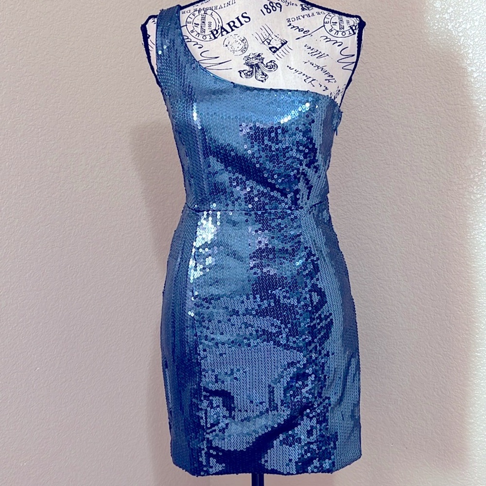 21 Blue Sequence One Shoulder Form Fitting Mini Dress